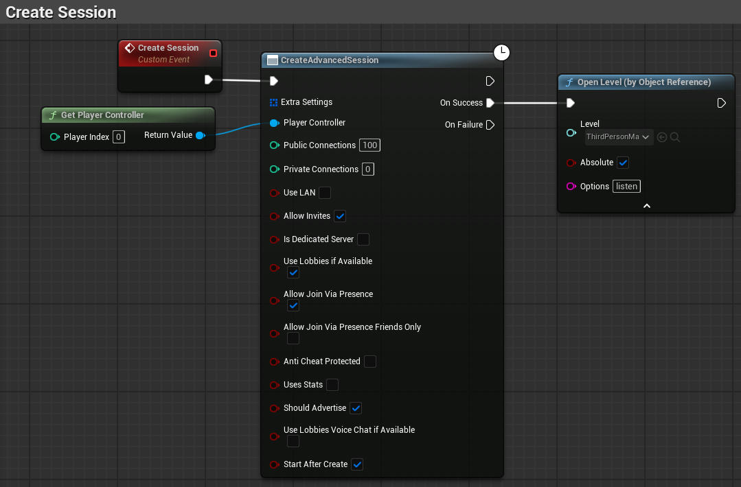 Blueprint graph showing setup for Create Session