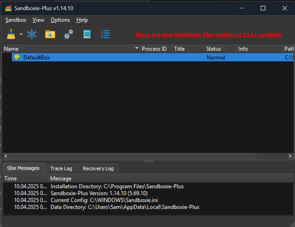 Screenshot of Sandboxie UI when first opened
