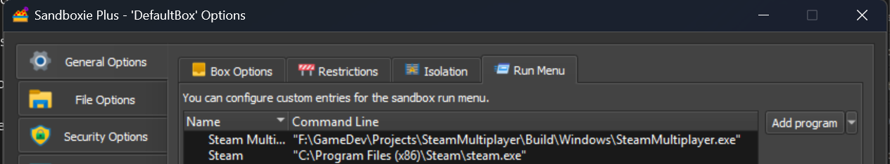 Screenshot of Sandboxie settings to add a program